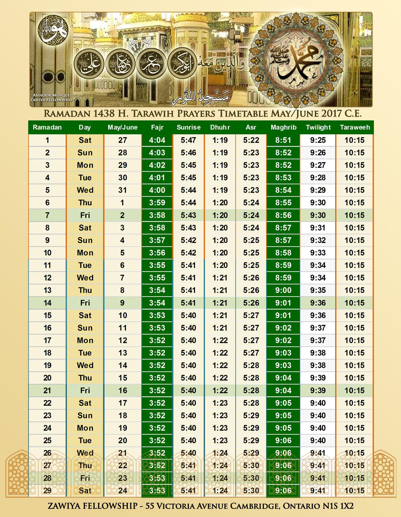 Prayers & Taraweeh Timetable - Zawiya Fellowship