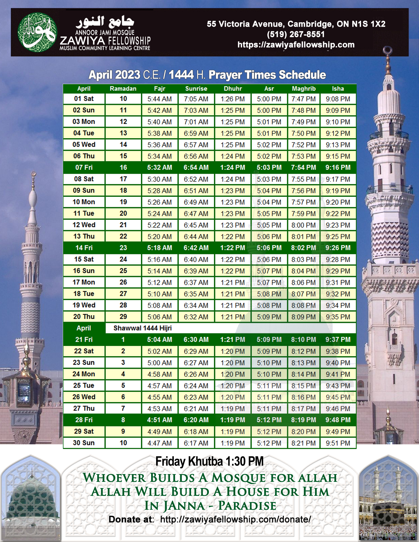 Prayer Schedule - Zawiya Fellowship